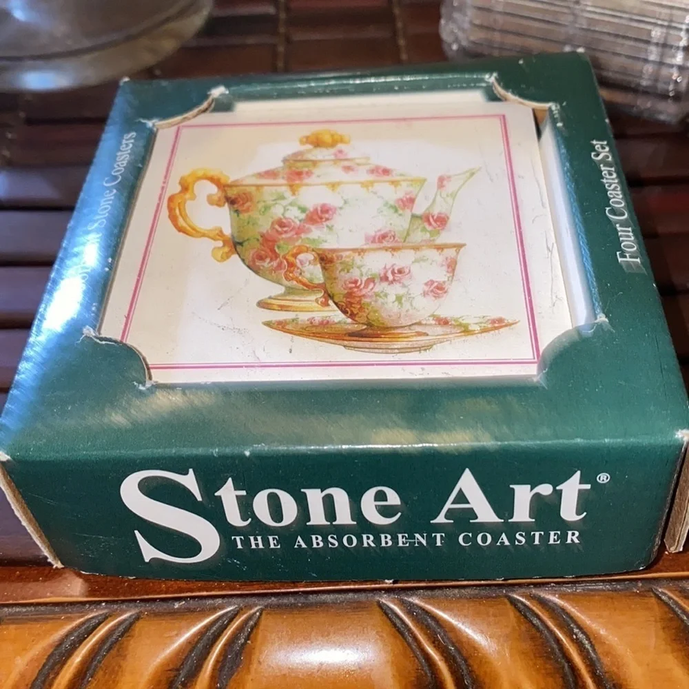 Stone Art the absorbent coaster teacup picture set of 4 new in box